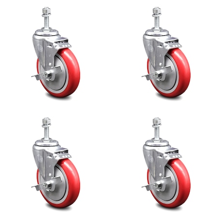 Service Caster 5 Inch Red Polyurethane Swivel 3/8 Inch Threaded Stem Caster Set with Brake SCC-TS20S514-PPUB-RED-TLB-381615-4